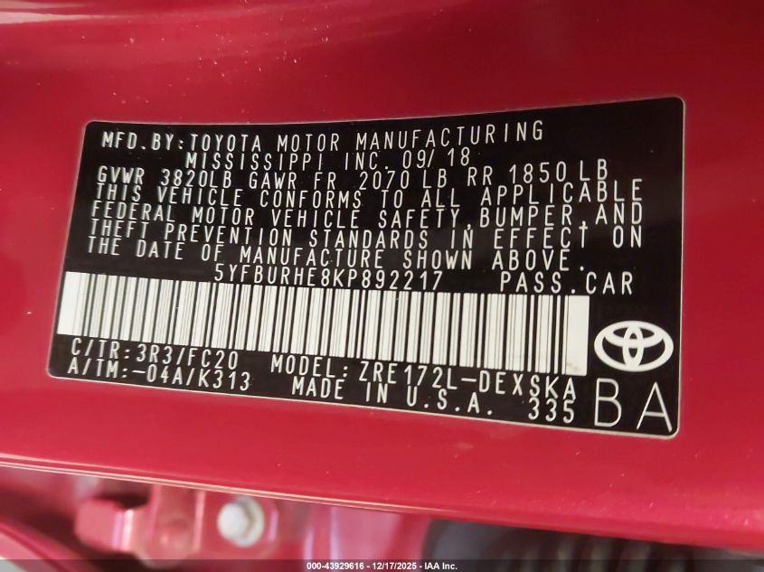 2019 Toyota Corolla Se VIN: 5YFBURHE8KP892217 Lot: 43929616