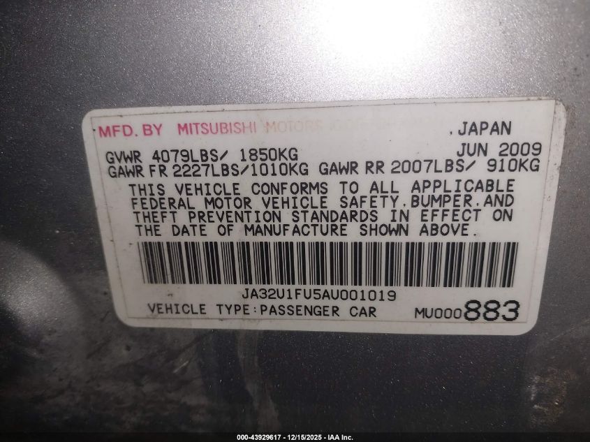 2010 Mitsubishi Lancer De VIN: JA32U1FU5AU001019 Lot: 43929617