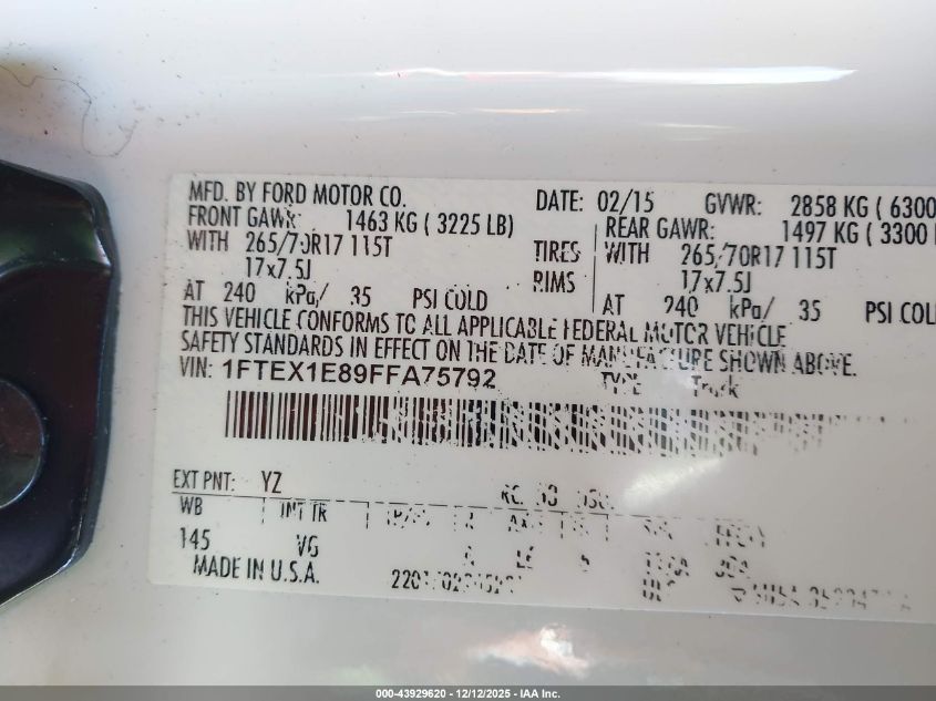 2015 Ford F-150 Xl VIN: 1FTEX1E89FFA75792 Lot: 43929620