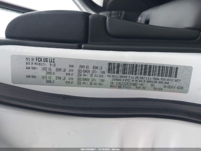 2019 Jeep Grand Cherokee High Altitude 4X4 VIN: 1C4RJFCG7KC570983 Lot: 43929621