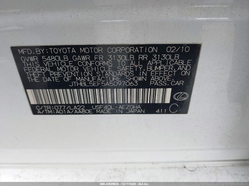 2010 Lexus Ls 460 VIN: JTHBL5EF5A5097063 Lot: 43929626