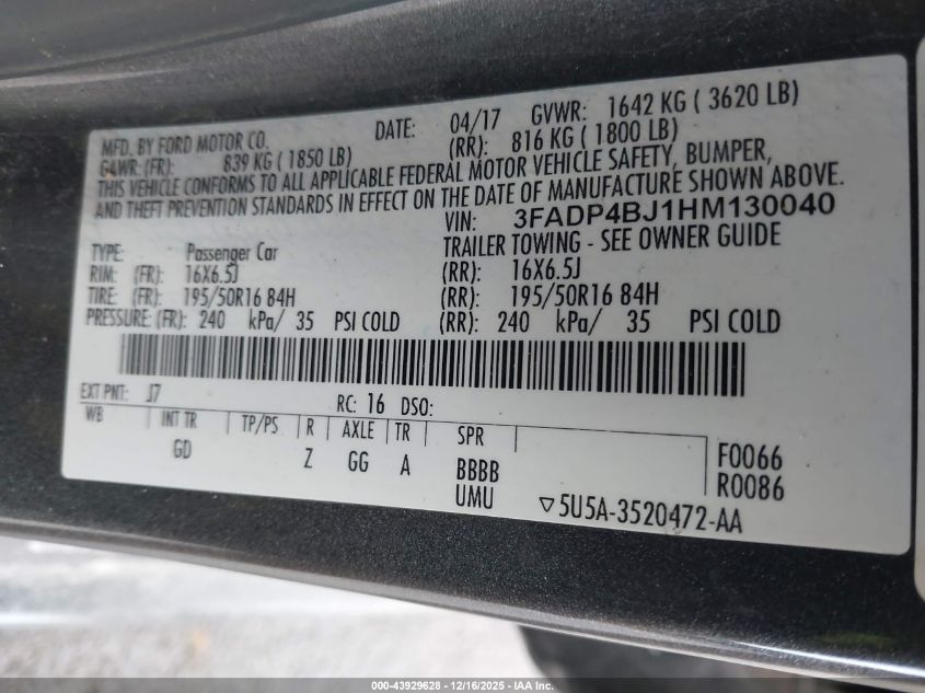 2017 Ford Fiesta Se VIN: 3FADP4BJ1HM130040 Lot: 43929628