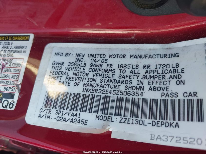 2005 Toyota Corolla Ce VIN: 1NXBR32E45Z506354 Lot: 43929629