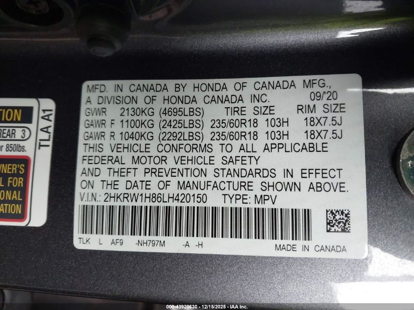 2020 Honda Cr-V 2Wd Ex-L VIN: 2HKRW1H86LH420150 Lot: 43929630