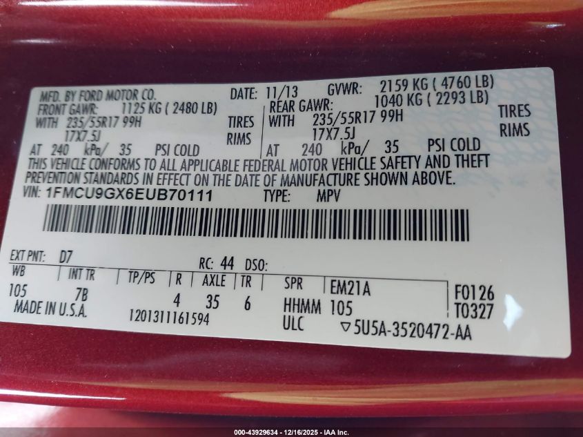 2014 Ford Escape Se VIN: 1FMCU9GX6EUB70111 Lot: 43929634