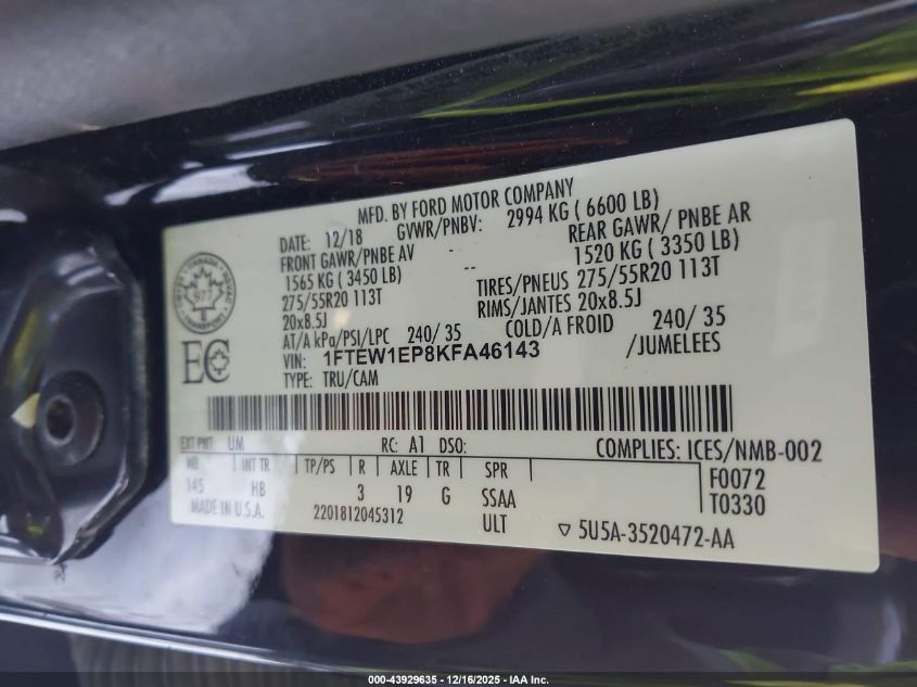 2019 Ford F-150 Lariat VIN: 1FTEW1EP8KFA46143 Lot: 43929635