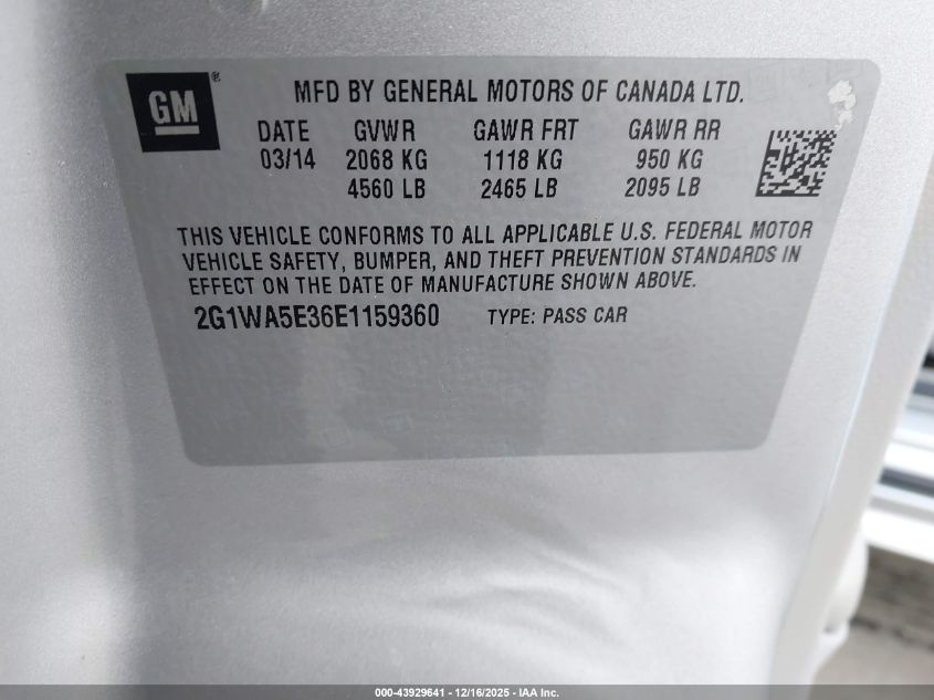2014 Chevrolet Impala Limited Ls VIN: 2G1WA5E36E1159360 Lot: 43929641