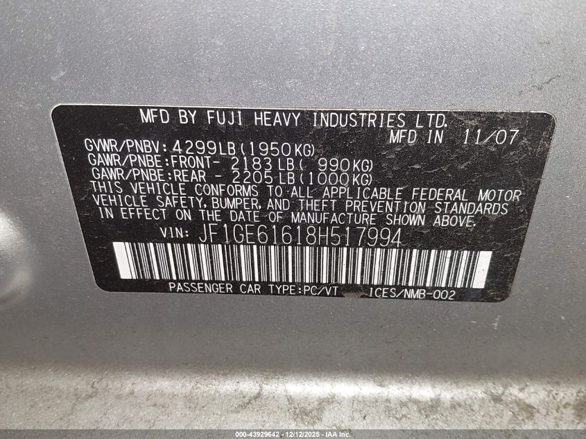 2008 Subaru Impreza 2.5I VIN: JF1GE61618H517994 Lot: 43929642