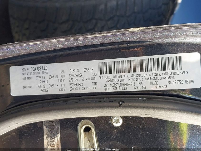 2017 Ram 1500 Big Horn 4X4 5'7 Box VIN: 1C6RR7LM7HS874311 Lot: 43929645