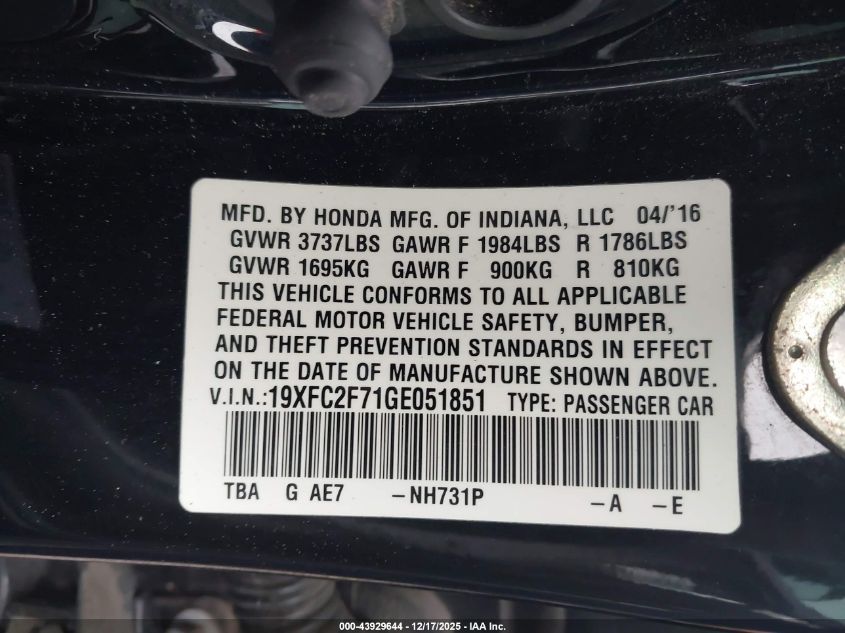 2016 Honda Civic Ex VIN: 19XFC2F71GE051851 Lot: 43929644