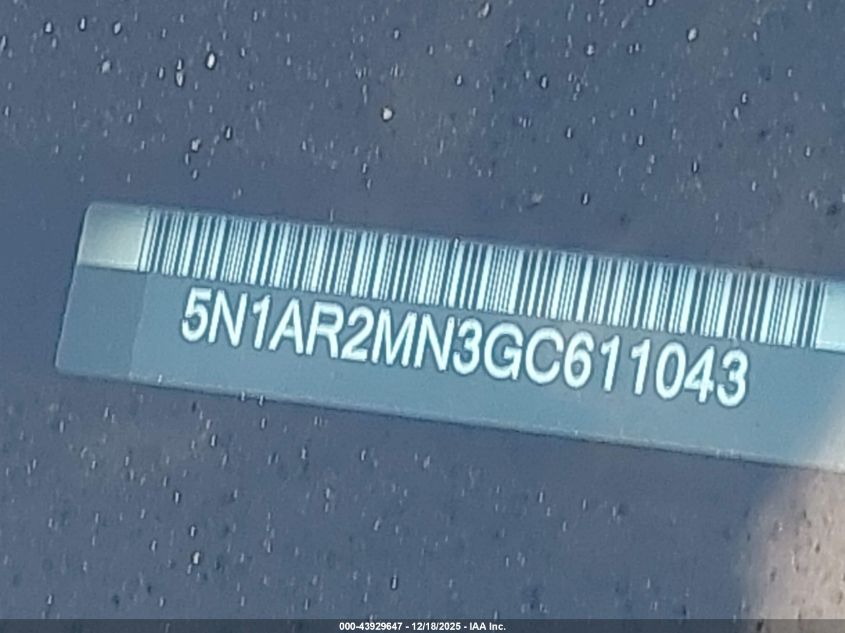 2016 Nissan Pathfinder Platinum/S/Sl/Sv VIN: 5N1AR2MN3GC611043 Lot: 43929647