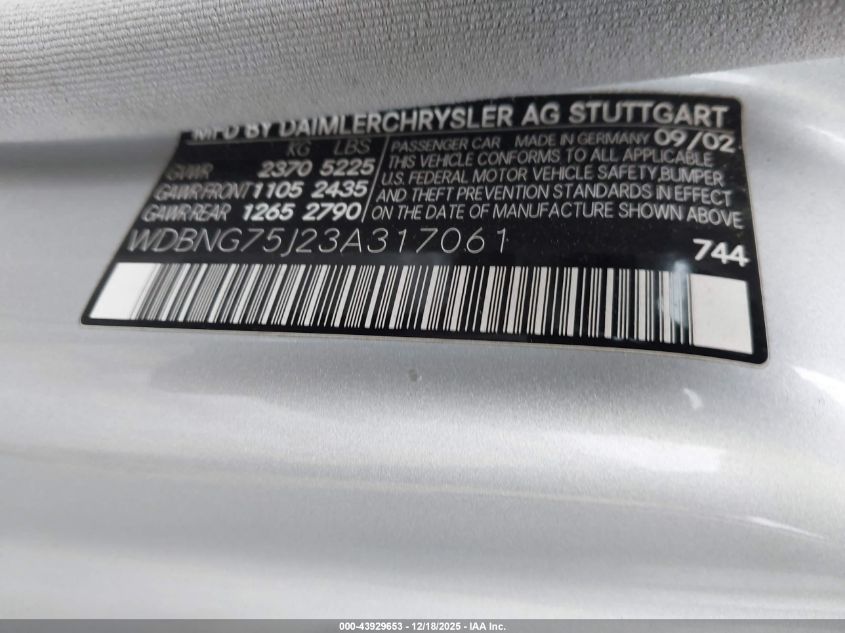 2003 Mercedes-Benz S 500 VIN: WDBNG75J23A317061 Lot: 43929653