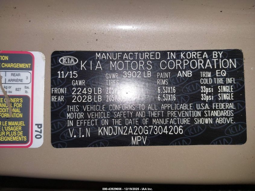 2016 Kia Soul VIN: KNDJN2A20G7304206 Lot: 43929656