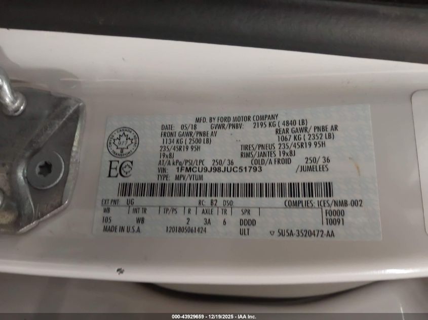 2018 Ford Escape Titanium VIN: 1FMCU9J98JUC51793 Lot: 43929659