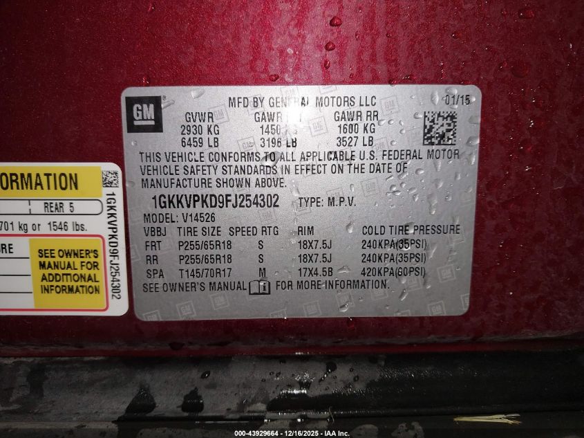 2015 GMC Acadia Sle-2 VIN: 1GKKVPKD9FJ254302 Lot: 43929664