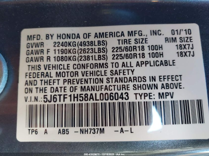 2010 Honda Accord Crosstour Ex-L VIN: 5J6TF1H58AL006043 Lot: 43929670