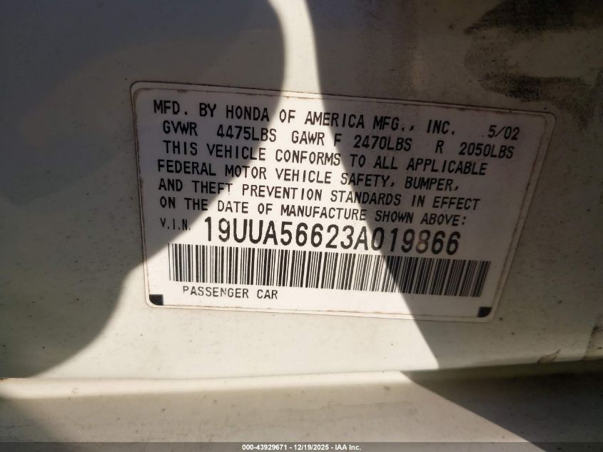 2003 Acura Tl 3.2 VIN: 19UUA56623A019866 Lot: 43929671