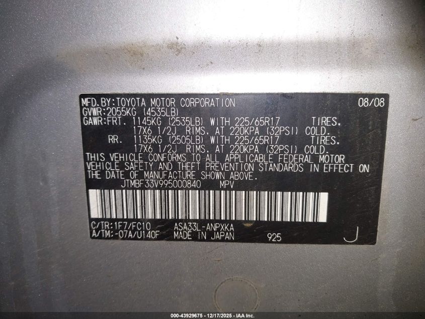 2009 Toyota Rav4 VIN: JTMBF33V995000840 Lot: 43929675