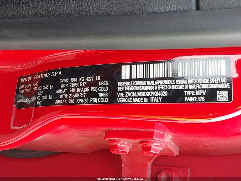 2019 Jeep Renegade Latitude Fwd VIN: ZACNJABBXKPK84920 Lot: 43929678