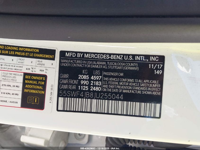 2018 Mercedes-Benz C 300 VIN: 55SWF4JB8JU255044 Lot: 43929683