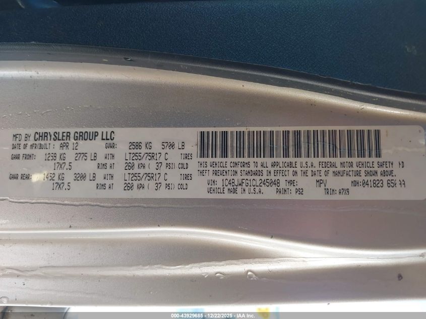 2012 Jeep Wrangler Unlimited Rubicon VIN: 1C4BJWFG1CL245048 Lot: 43929685