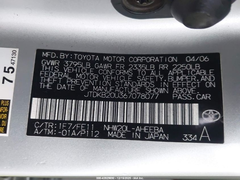 2006 Toyota Prius VIN: JTDKB20U367078077 Lot: 43929690