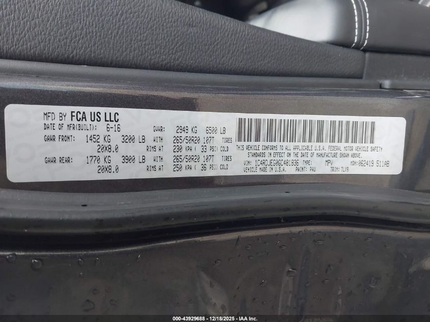 2016 Dodge Durango Citadel VIN: 1C4RDJEG0GC481836 Lot: 43929688