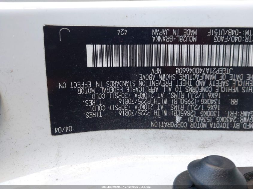 2004 Toyota Highlander V6 VIN: JTEEP21A740046608 Lot: 43929695