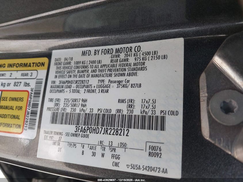 2018 Ford Fusion Se VIN: 3FA6P0HD7JR228212 Lot: 43929697