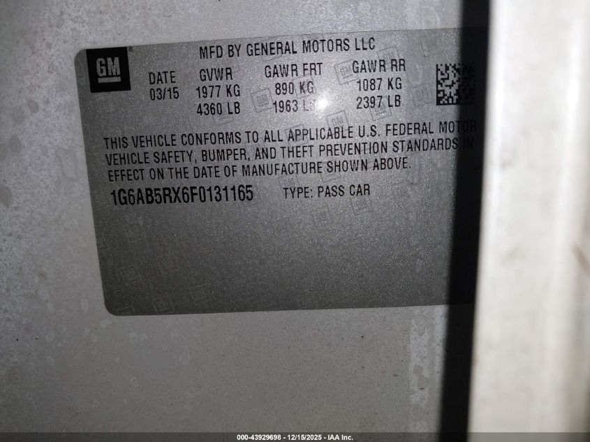 2015 Cadillac Ats Luxury VIN: 1G6AB5RX6F0131165 Lot: 43929698