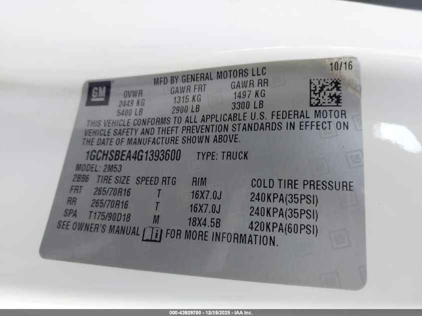 2016 Chevrolet Colorado Wt VIN: 1GCHSBEA4G1393600 Lot: 43929700
