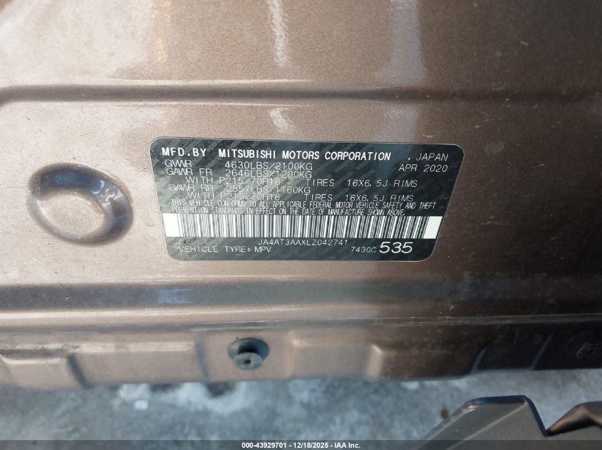 2020 Mitsubishi Eclipse Cross Es 1.5T Awc VIN: JA4AT3AAXLZ042741 Lot: 43929701