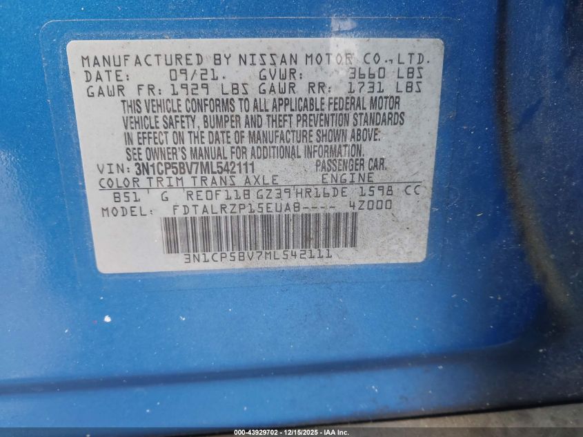 2021 Nissan Kicks S Xtronic Cvt VIN: 3N1CP5BV7ML542111 Lot: 43929702