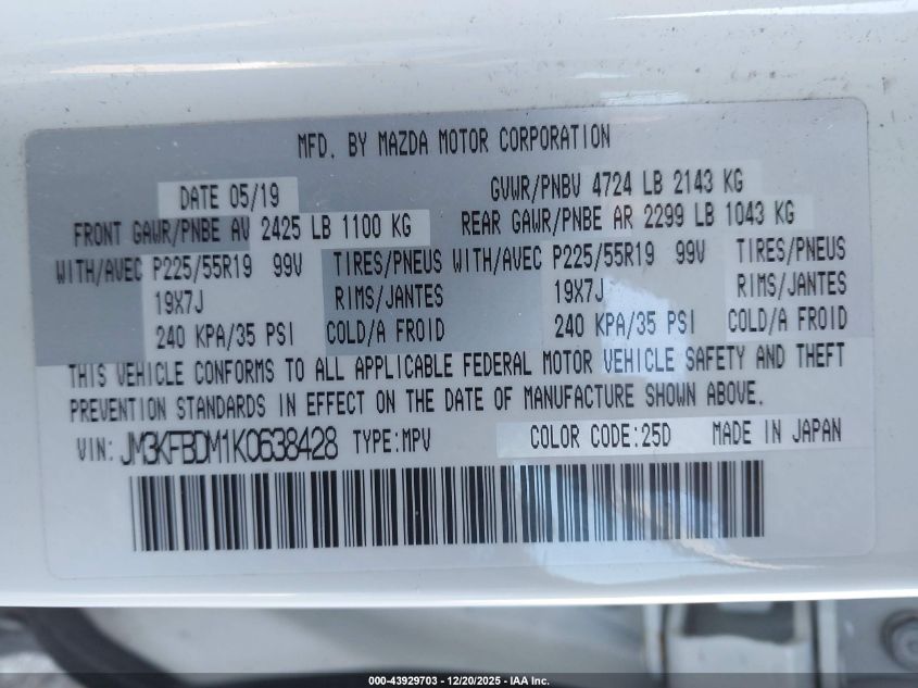 2019 Mazda Cx-5 Grand Touring VIN: JM3KFBDM1K0638428 Lot: 43929703