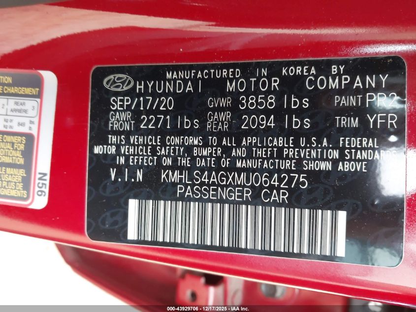 2021 Hyundai Elantra Sel VIN: KMHLS4AGXMU064275 Lot: 43929706