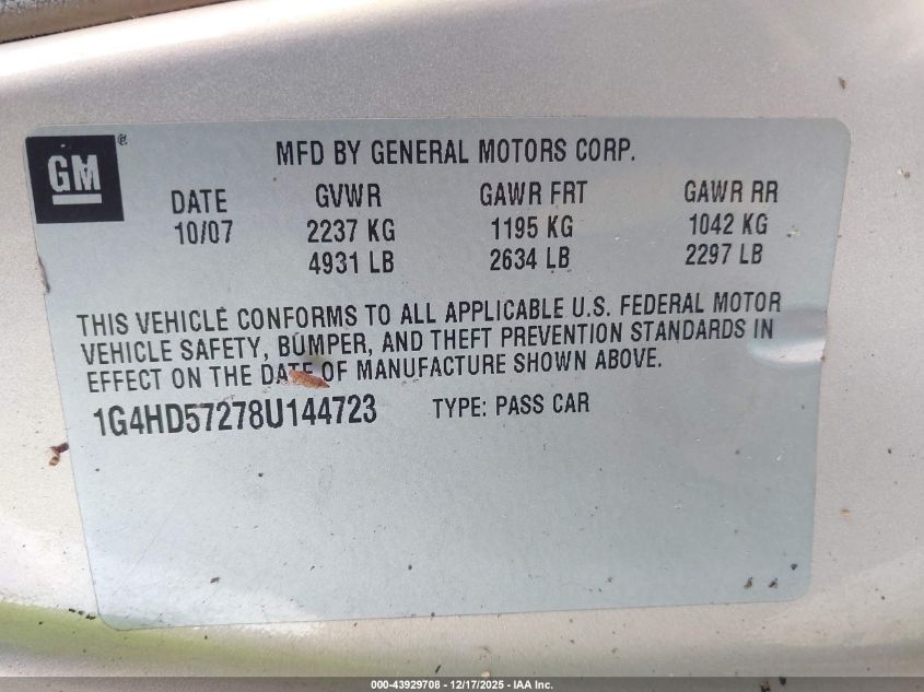 2008 Buick Lucerne Cxl VIN: 1G4HD57278U144723 Lot: 43929708