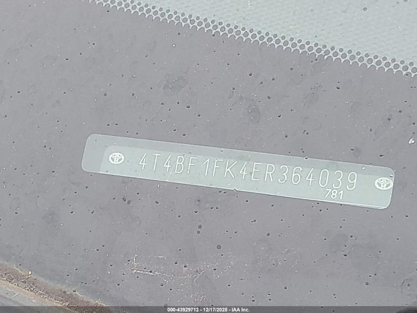 2014 Toyota Camry Xle VIN: 4T4BF1FK4ER364039 Lot: 43929712