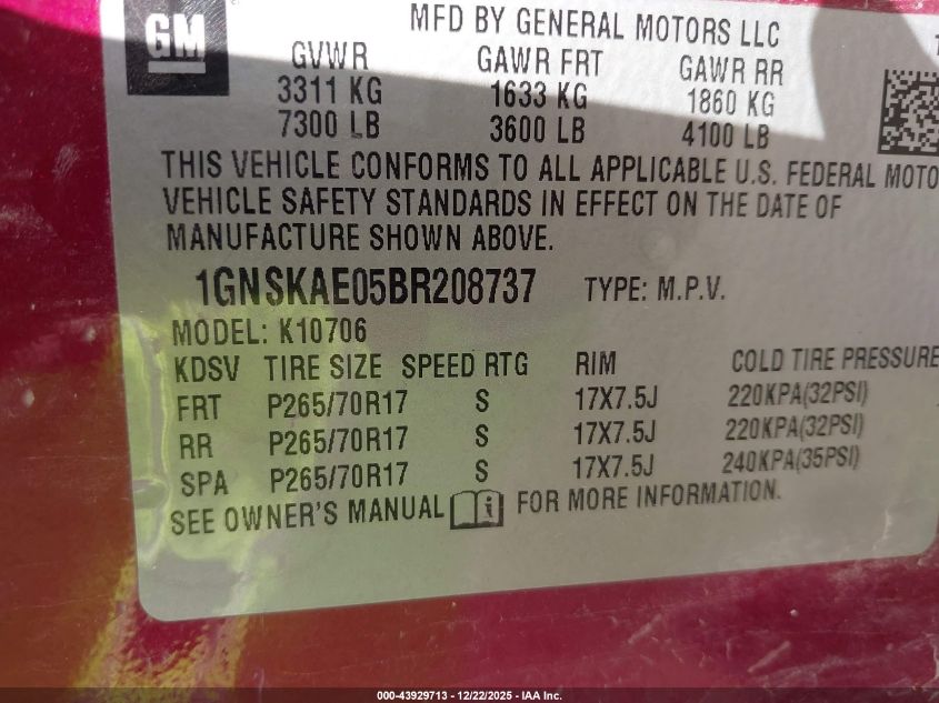 2011 Chevrolet Tahoe Ls VIN: 1GNSKAE05BR208737 Lot: 43929713