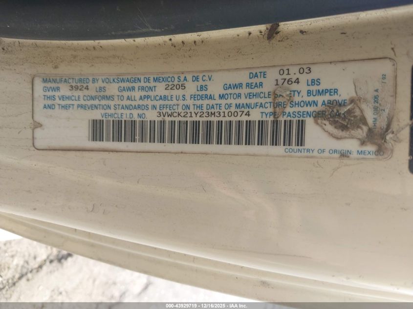 2003 Volkswagen New Beetle Gls VIN: 3VWCK21Y23M310074 Lot: 43929719