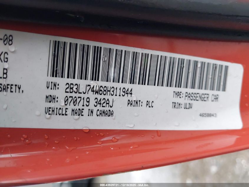 2008 Dodge Challenger Srt8 VIN: 2B3LJ74W68H311944 Lot: 43929721