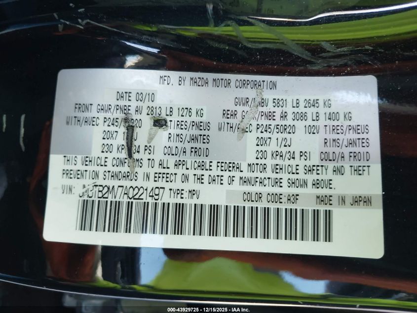 2010 Mazda Cx-9 Grand Touring VIN: JM3TB2MV7A0221497 Lot: 43929725