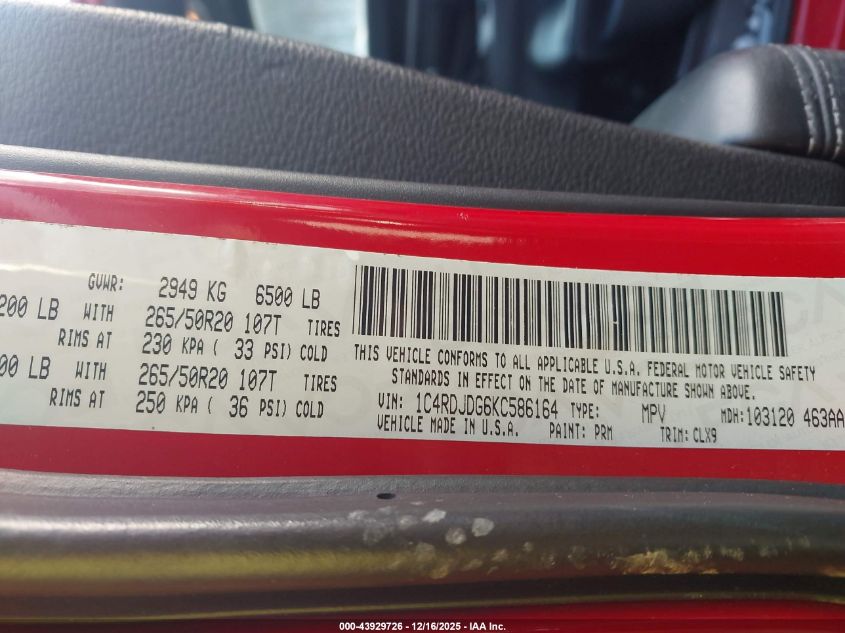 2019 Dodge Durango Gt Plus Awd VIN: 1C4RDJDG6KC586164 Lot: 43929726