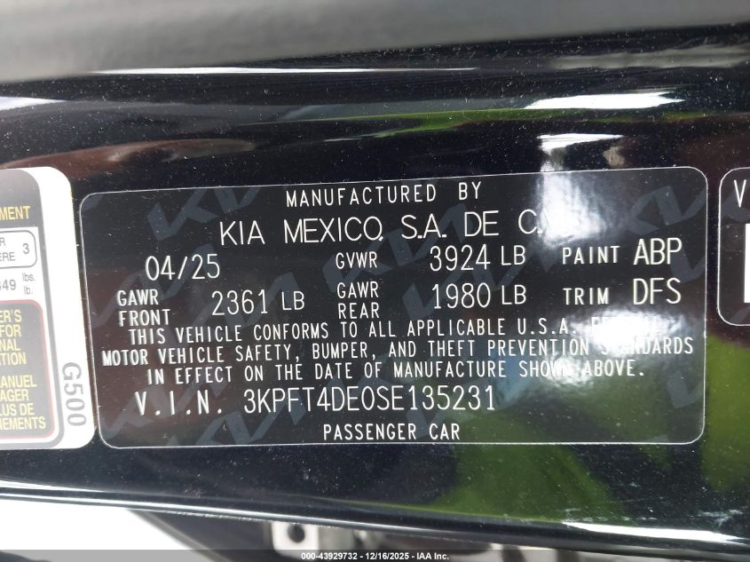2025 Kia K4 Lxs VIN: 3KPFT4DE0SE135231 Lot: 43929732