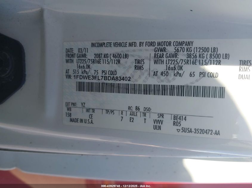 2011 Ford E-350 Cutaway VIN: 1FDWE3FL7BDA83402 Lot: 43929748