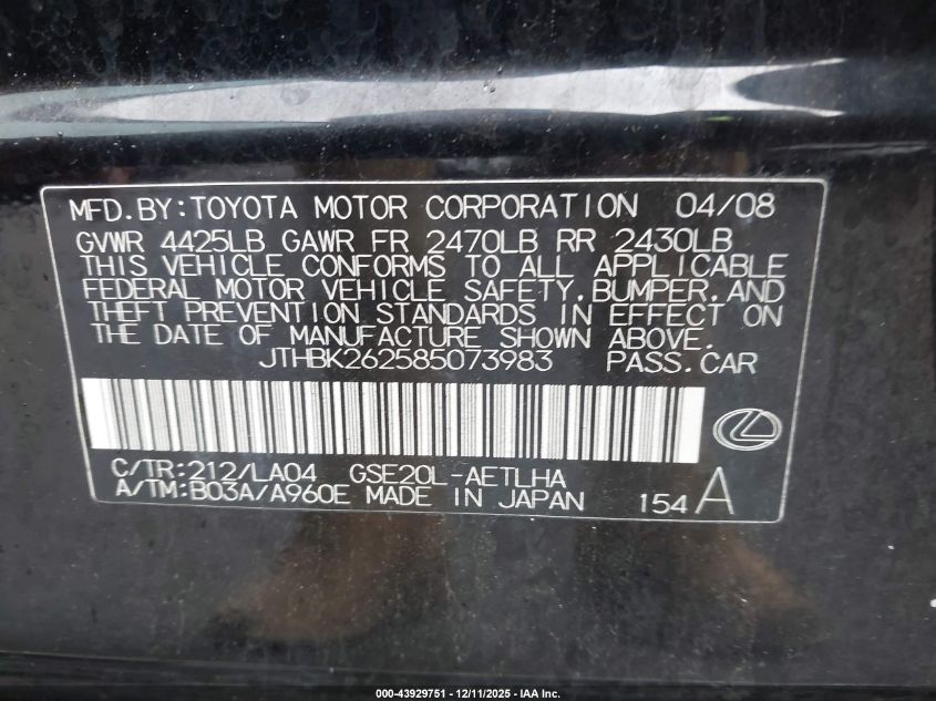 2008 Lexus Is 250 VIN: JTHBK262585073983 Lot: 43929751