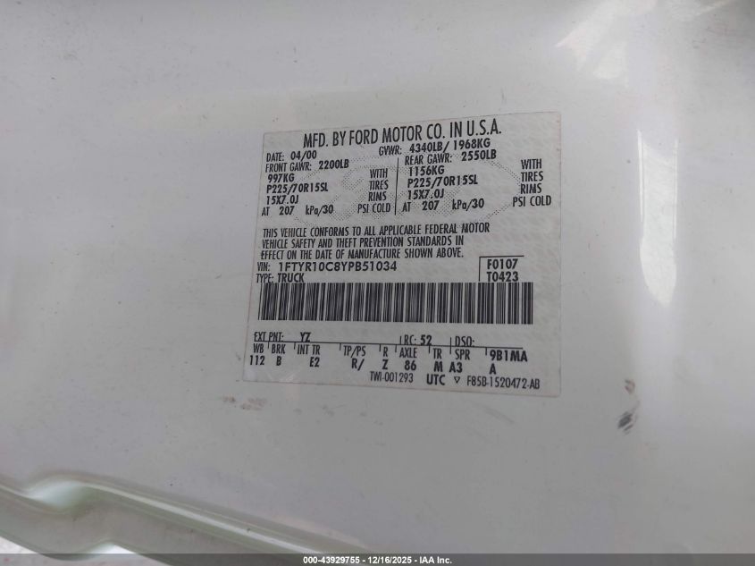 2000 Ford Ranger Xl/Xlt VIN: 1FTYR10C8YPB51034 Lot: 43929755