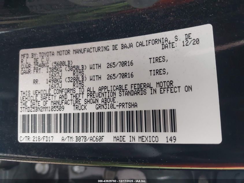 2021 Toyota Tacoma Trd Off-Road VIN: 3TMDZ5BN2MM105509 Lot: 43929760