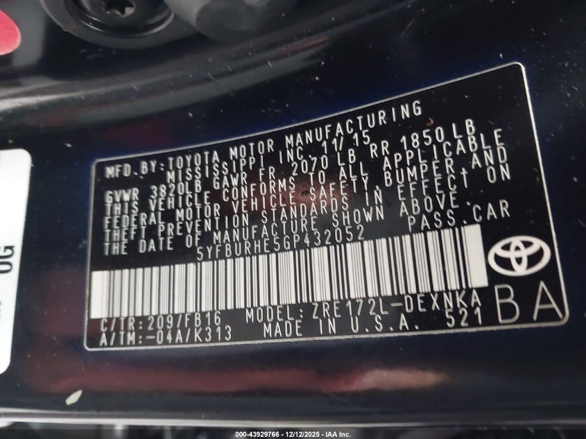 2016 Toyota Corolla Le Plus VIN: 5YFBURHE5GP432052 Lot: 43929766