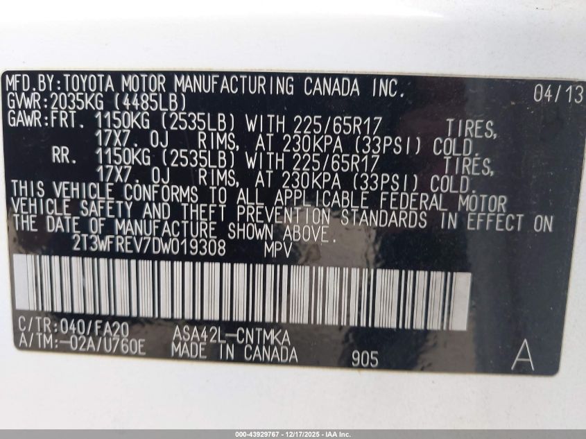 2013 Toyota Rav4 Xle VIN: 2T3WFREV7DW019308 Lot: 43929767