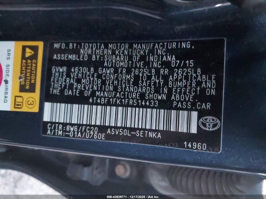 2015 Toyota Camry Le VIN: 4T4BF1FK1FR514433 Lot: 43929771